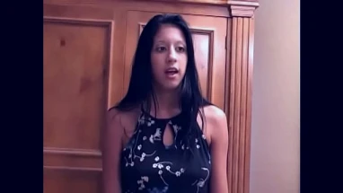 Cute dark haired babe with big tits gives hot handjob