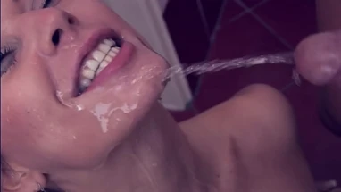 That slutty Milf sucks her friend's eager cock and gets pissed on her face and pussy